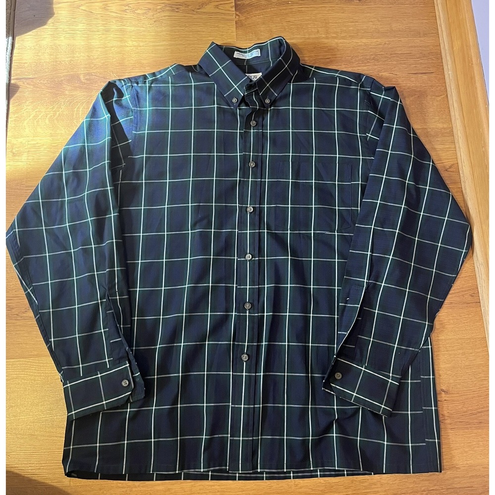 Button Down Shirt Arrow Sport Green‎ Navy Blue Plaid Long Sleeve Men's Large